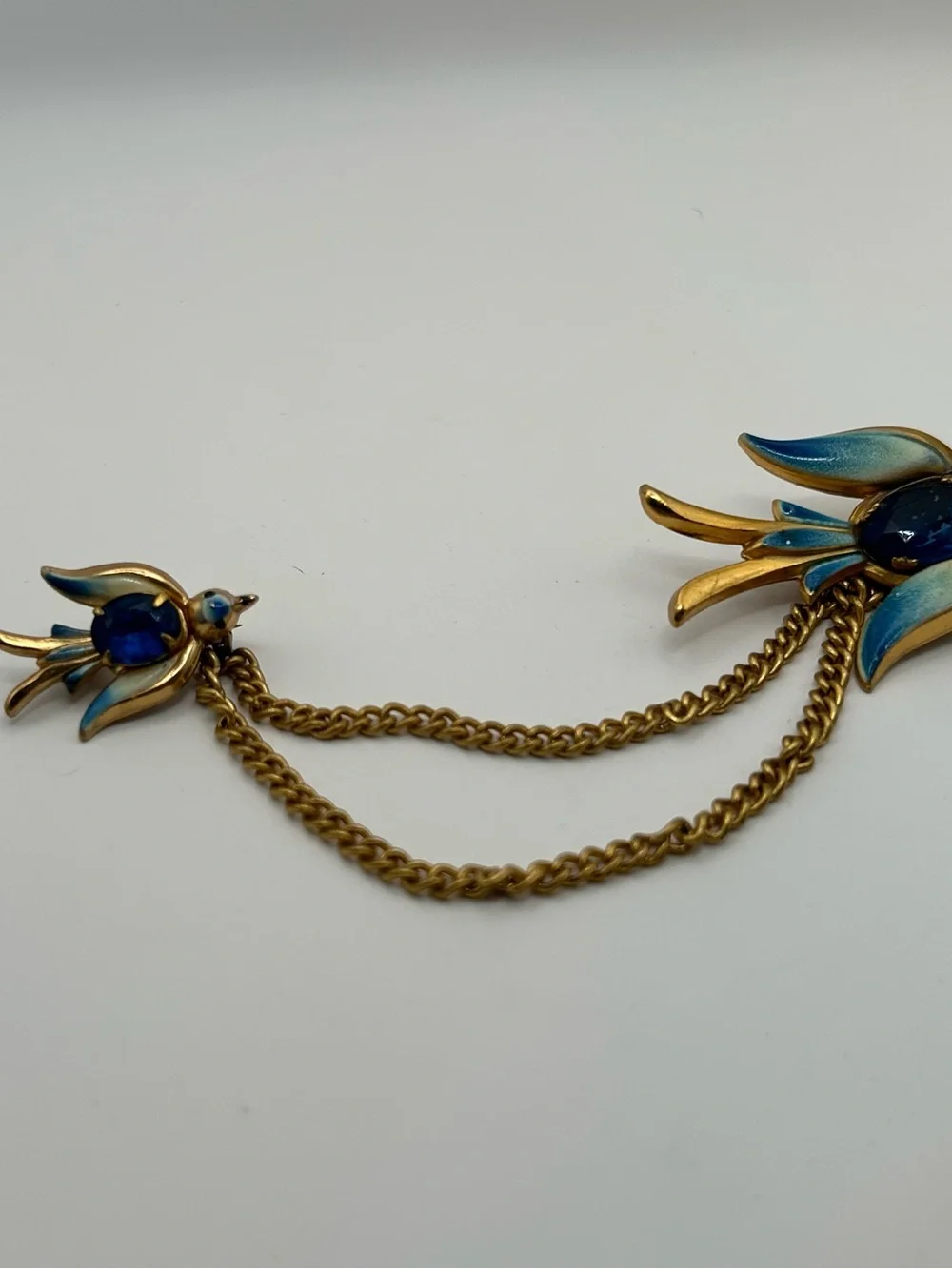 Vintage Coro Pegasus Blue Enamel Bird Chain Brooch - Elegant Blue Crystal Accent